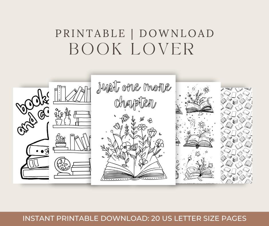 Folhas de colorir para adultos amantes de livros | Páginas imprimíveis para amantes da leitura | Pacote de folhas de colorir para livros para download para relaxamento e criatividade