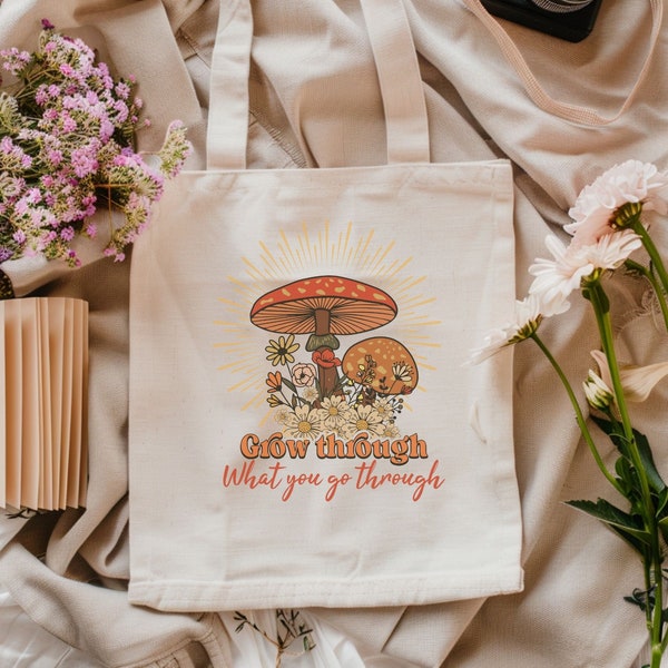 Canvas Tote Bag Mushroom Totebag Cottagecore Aesthetic Totes Grocery Tote Bag Nature Themed Totes Inspirational Totes Fairycore Floral Bags