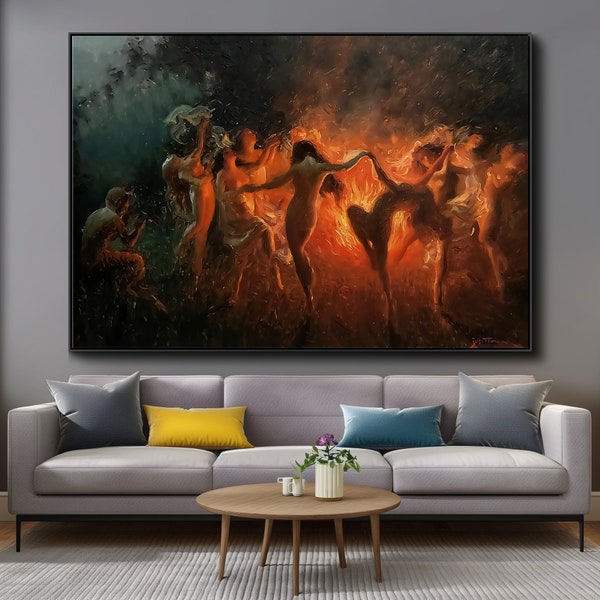 Joseph Tomanek - toile de danse du feu, art mural de coven enchanteur, décoration d'intérieur mystique, cadeau de collectionneur d'art unique
