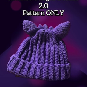May include: A purple crochet beanie with ear and head details, resembling a Gengar character. The text "Crochet Gengar Beanie 2.0 Pattern ONLY" is displayed at the top. TheCraftyCult is at the bottom.