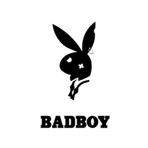 May include: Black and white silhouette of a bunny rabbit with a single earring and a bandage on its head. The text "BADBOY" is below the image.