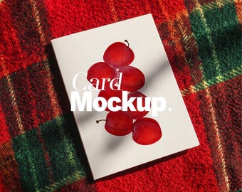 Rustic Card Mockup, A6 Greeting Card, Cabin Camping, Plaid Blanket, Outdoor Stationery, Christmas, PSD