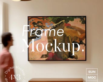 Puede incluir: Una impresión enmarcada de una pintura que representa dos figuras en un entorno tropical. La pintura está en un marco negro y está colgada en una pared blanca. El texto "Frame Mockup." se superpone a la imagen.