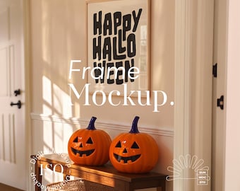 Halloween Hallway Frame Mockup: Wood Bench, & Jack O Lanterns, ISO DIN A Ratio (PSD)