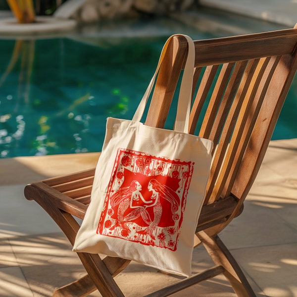 Red Batik Mermaid Canvas Tote Bag - Unique Blend of Batik Artistry and Marine Allure | Linocut Print Cotton Bag | Beach tote bag