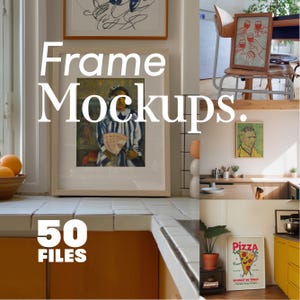 May include: A composite image displaying framed art mockups. The image includes various framed artworks, such as paintings and illustrations, presented in diverse interior settings. Text overlay reads "Frame Mockups" and "50 FILES".