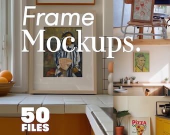 May include: A collection of 50 frame mockups featuring various rectangular wooden frames displayed in interior settings, including a kitchen with tiled counters and a dining area, showcasing diverse artwork prints like a pizza graphic and portraits.