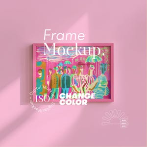 Könnte beinhalten: Ein pinkfarbener Kunstdruck mit einem farbenfrohen Bild von Menschen unter Regenschirmen. Der Text "Frame Mockup" ist in Weiß dargestellt, zusammen mit "CHANGE COLOR" und anderem Text. Das Kunstwerk ist vor einem pinkfarbenen Hintergrund.
