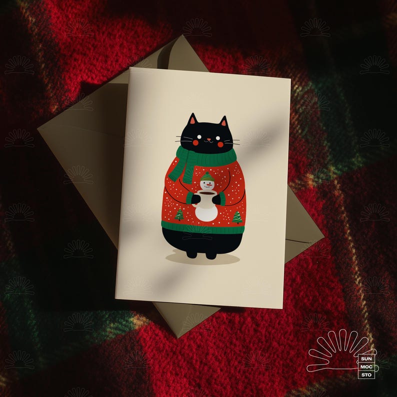 May include: A greeting card with a cartoon black cat wearing a red Christmas sweater and green scarf. The cat is holding a snowman cup. The card is on a red and green plaid background. The card is a festive design.