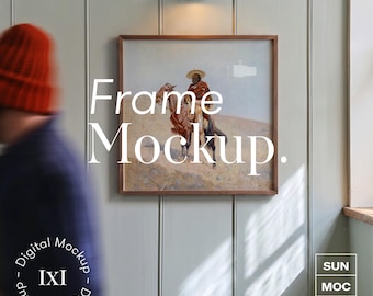 Square Cabin Frame Mockup, Green Gray Wood Paneling, Blurred Person, Optional Mat (Custom Color)