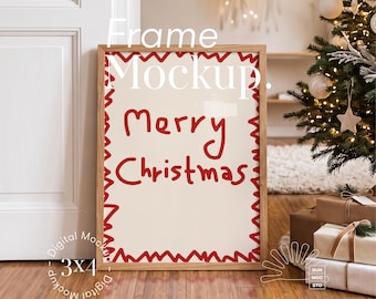 3:4 Christmas Frame Mockup, Oak Wood, Decorated Tree, Wrapped Gifts, PSD