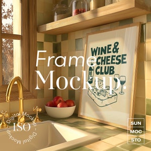 Poster Rahmen Küche Mockup ISO PSD Datei Weich Warm Fenster Beleuchtung Arbeitsplatte Sonnenlicht Goldenen Wasserhahn Holz Regal Grün Karierte Fliesen