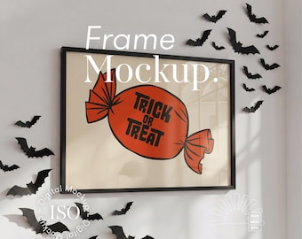 Horizontal Halloween Frame Mockup: ISO DIN A Poster Template, Black Paper Bats (PSD)