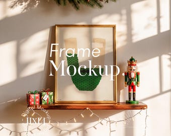 Gold Frame Mockup: 11x14 Art Print Display, Christmas Decor, Wooden Shelf, PSD