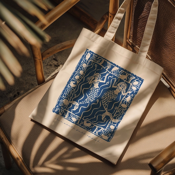 In a World Full of Fish ... Unique Mermaid Tote Bag | Blue and White Batik | Linocut Print Cotton Bag | Everyday Adventure Companion