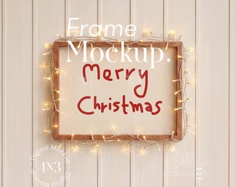 Festive Horizontal Frame Mockup 4:3, Holiday Fairy Lights, Western Ranch Beadboard, Rustic Farmhouse (PSD)