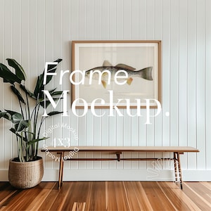 Maqueta de marco para sala de estar costera: tapete opcional, proporción horizontal 4x3, pared de madera blanca (PSD)