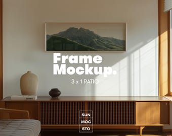 Mid-Century Modern Panoramic Frame Mockup: 3x1 Horizontal Art Display (Digital Download)