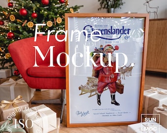 Large Christmas Frame Mockup, Decorated Tree, Wrapped Gifts, Red Armchair, DIN A Ratio, PSD
