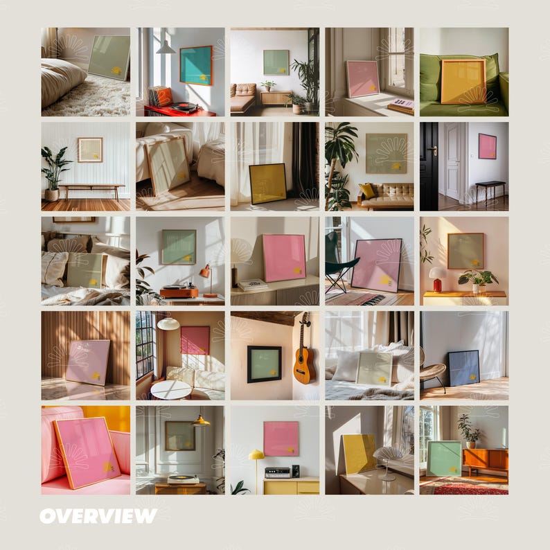 Paket med 50 kvadratiska rammockups, retro- och modern konstdisplay, PSD-filer för affischtryck bild 9