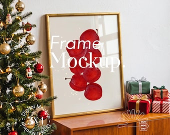 Golden 3:4 Poster Frame Mockup, Christmas Tree, Gifts, Mid Century Modern Living Room (PSD)