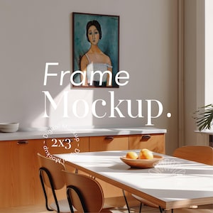 Mockup keukenframe, wandhangend frame van 2 x 3 met houten kasten, wit aanrecht, eettafel, oranje fruitschaal, daglicht, moderne PSD-kunst