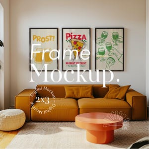 May include: A digital mockup of three framed posters hanging on a white wall above a brown couch. The posters feature illustrations of a beer stein, a pizza slice, and wine glasses. The text on the posters reads "PROST!" "PIZZA IN CRUST WE TRUST The Best Pizza in Town" and "SUN MOC STO".