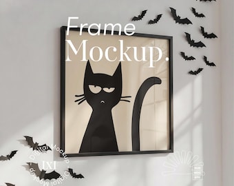 Square Halloween Frame Mockup: Black Paper Bats (PSD)