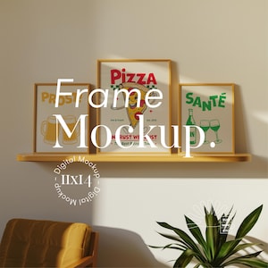 Vertikale Holzrahmen Mockup: 3 Rahmen auf Regal, moderne Wohnzimmer Szene (11x14 PSD)