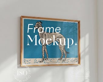 Wooden Frame Mockup: Landscape ISO DIN A Poster Template, Teak Wood, Scandinavian Interior (PSD)