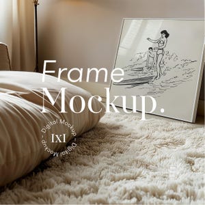 May include: A white frame mockup featuring a black and white illustration of people surfing. The frame is placed on a fluffy white rug.