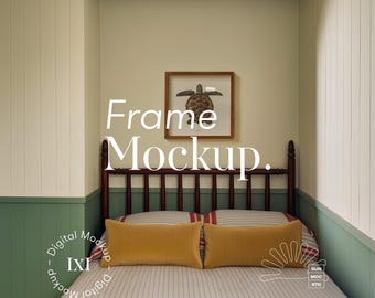 Square Frame Mockup, Cozy Cabin Bedroom, Sage Green Wood Paneling, Modern Cottage (PSD)