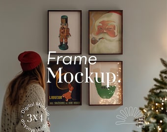 Christmas Frame Mockup: 4 Frames, Gallery Wall, Person, Decorated Tree (3x4 Ratio, PSD)