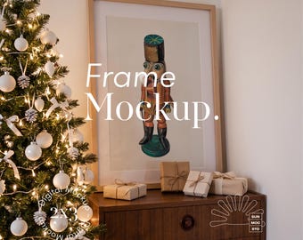 Christmas Frame Mockup: Large Vertical Poster Frame, Light Wood, Mat, Mid Century Dresser, PSD