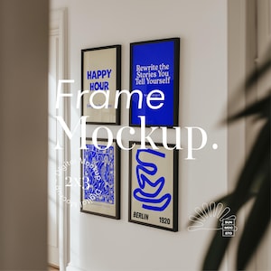 May include: Four framed prints on a white wall. The prints are in black frames and feature blue and white designs. The top left print says "HAPPY HOUR". The top right print says "Rewrite the Stories You Tell Yourself". The bottom left print features a blue and white abstract design. The bottom right print features a blue and white design with the text "BERLIN 1920".
