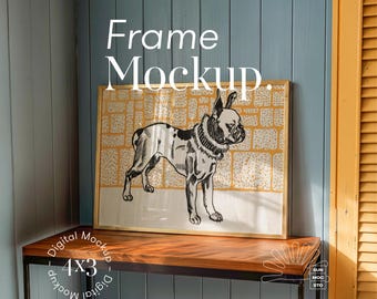 Horizontal Cabin Frame Mockup, 4:3, Blue Paneled Wall, Wooden Desk, Golden Frame (PSD)