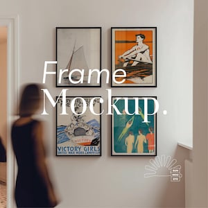 May include: A white wall with four framed posters. The posters are all different sizes and have different images. The posters are all black framed. The posters are hanging on a white wall. The text on the posters reads "Victory Girls United War Work Campaign" and "Every Girl Willing For Victory".