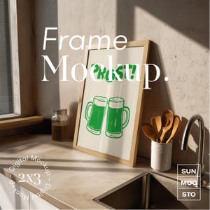 Makieta Ramy Kuchennej, Drewniana Rama 2x3 na Blacie z Przyborami Kuchennymi, Jasna Ściana Betonowa, Światło Słoneczne, Minimalistyczny Plakat Wydruk Plik PSD