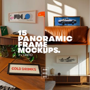 May include: A composite image displaying framed art mockups. The image includes framed art, a record player, and a sign that reads "COLD DRINKS". The text "15 PANORAMIC FRAME MOCKUPS. 3 x 1 RATIO" is also visible.