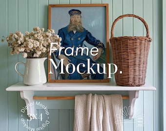 Wooden Frame Mockup, 3:4, Rustic Wood Wall Shelf, Green Panel Wall, Wicker Basket & Flowers (PSD)