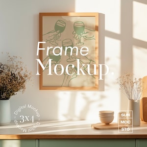 Küchentheke Poster Rahmen Mockup 3x4 PSD Datei Serene Warme Beleuchtung Weiche Schatten Boho Szene Skandinavisches Design Trockenblumen Holzrahmen