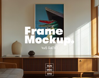 Mid-Century Modern Frame Mockup: Sunlit Living Room, 4x5 PSD (Digital Download)