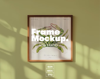 Maqueta de marco de madera cuadrado: color de pared personalizable, plantilla de póster de 1x1 (PSD)