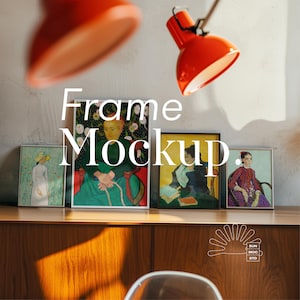 May include: Three framed paintings of people, with a wooden cabinet and a red lamp in the background. The paintings are in a vintage style and feature people in colorful clothing. The text "Frame Mockup." is written in white letters on top of the paintings.