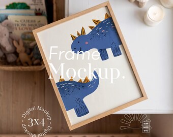 Nursery Frame Mockup, 3:4, Flat Lay on Cabinet, Baby Crib, Books and Toys (PSD)