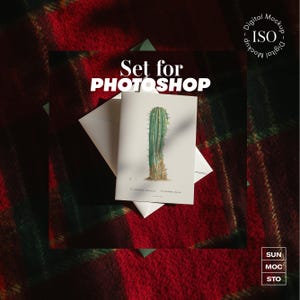 May include: A botanical illustration of a cactus on a white card, with the text "Set for PHOTOSHOP". The card is placed on a white envelope, set against a red and green plaid background. Digital mockup.