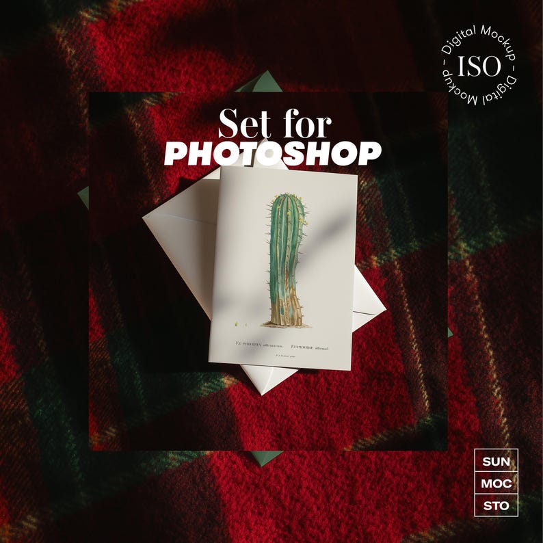 May include: A botanical illustration of a cactus on a white card, with the text "Set for PHOTOSHOP". The card is placed on a white envelope, set against a red and green plaid background. Digital mockup.