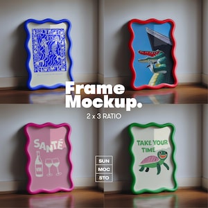 May include: A mockup featuring four wavy-edged frames in various colors. Each frame displays different artwork or text, including a mermaid illustration, a crocodile, the word "SANTE" with wine glasses, and a turtle with the text "TAKE YOUR TIME".