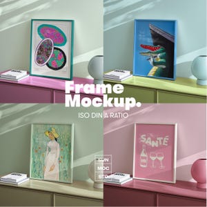 Puede incluir: Cuatro impresiones artísticas enmarcadas exhibidas sobre una superficie colorida. Las impresiones presentan varios diseños, incluyendo formas abstractas, un cocodrilo, una mujer en un campo y un gráfico temático de vino. El texto "Frame Mockup. ISO DIN A RATIO" es visible.