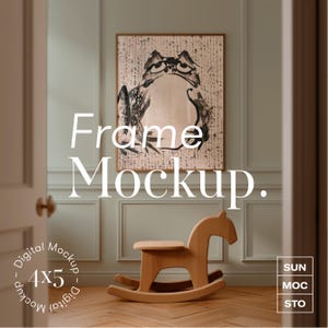 May include: A framed black and white illustration of a frog with a light brown background. The frame is on a light green wall with white trim. A wooden rocking horse is in the foreground. The text "Frame Mockup" is written in white on the wall. The text "Digital Mockup 4x5 Digital Mockup" is written in a circle on the floor.